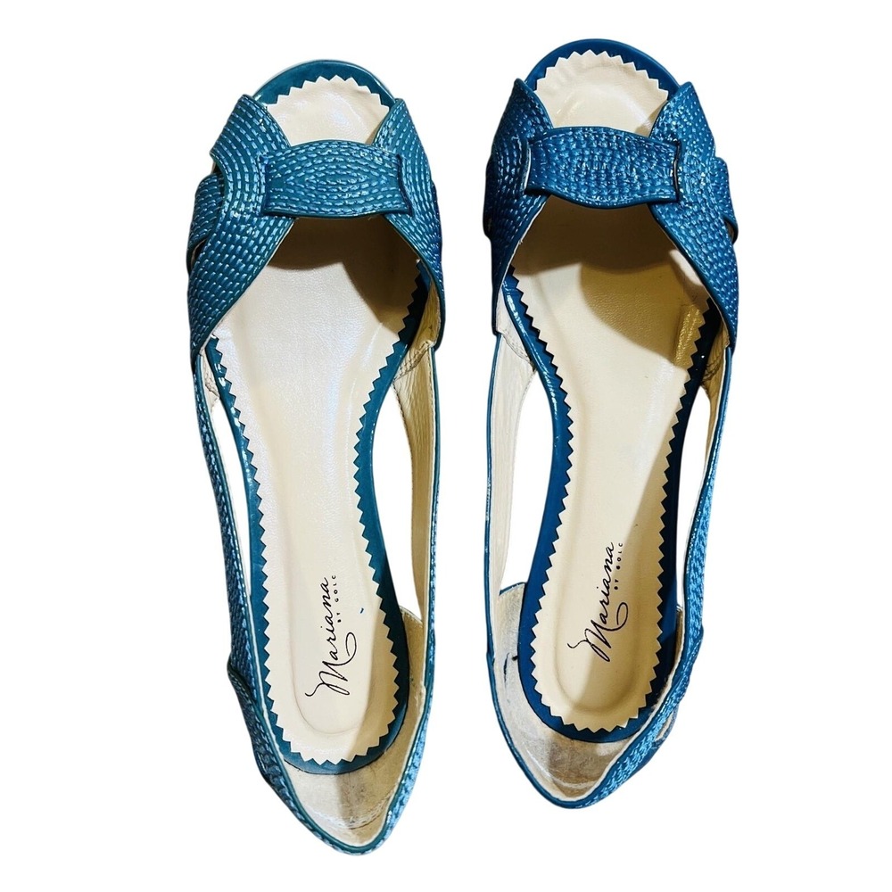 Mariana By GOLC Shoes Womens 6 Blue Woven Peep Toe Flats Scalloped Trim Summer